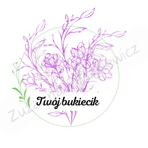 Koło koloru zielonego, w którym po lewej stronie znajduje się roślinka z liścmi. W środku jesy bukier kwiatów w kolorze fioletowym. Na dole napis Twój bukiecik.